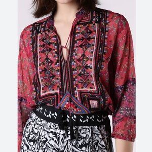 Desigual Romina Embroidered Blouse Boho Tassel Lightweight Top Women's Large L